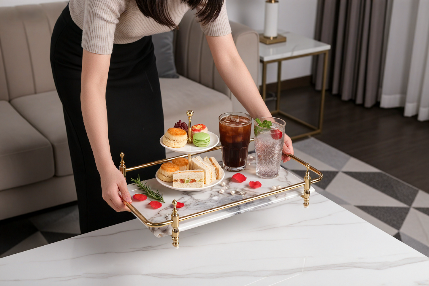 18 inch Rectangle White Marble Serving Tray with Silver Handles