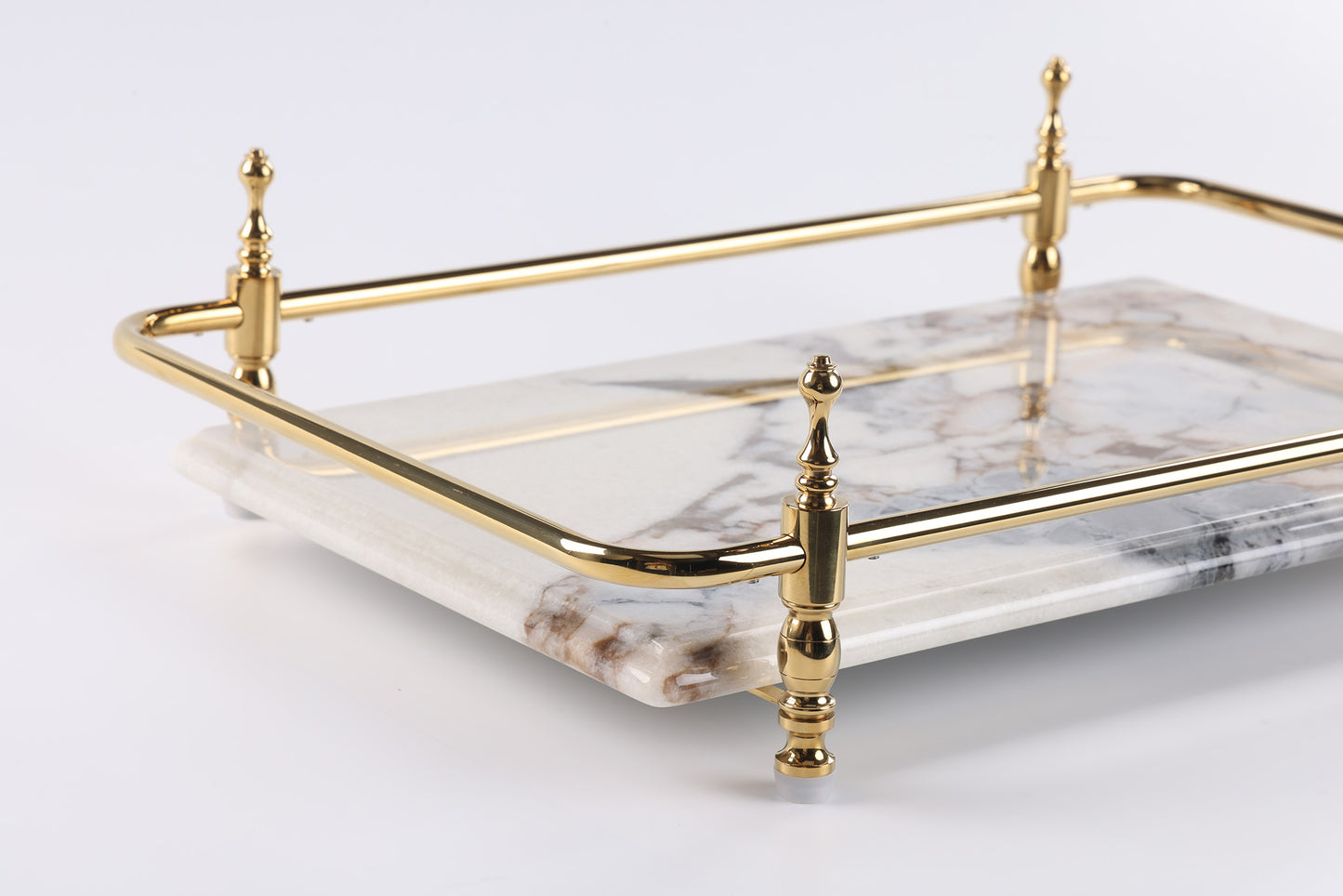 18 inch Rectangle White Marble Serving Tray with Silver Handles