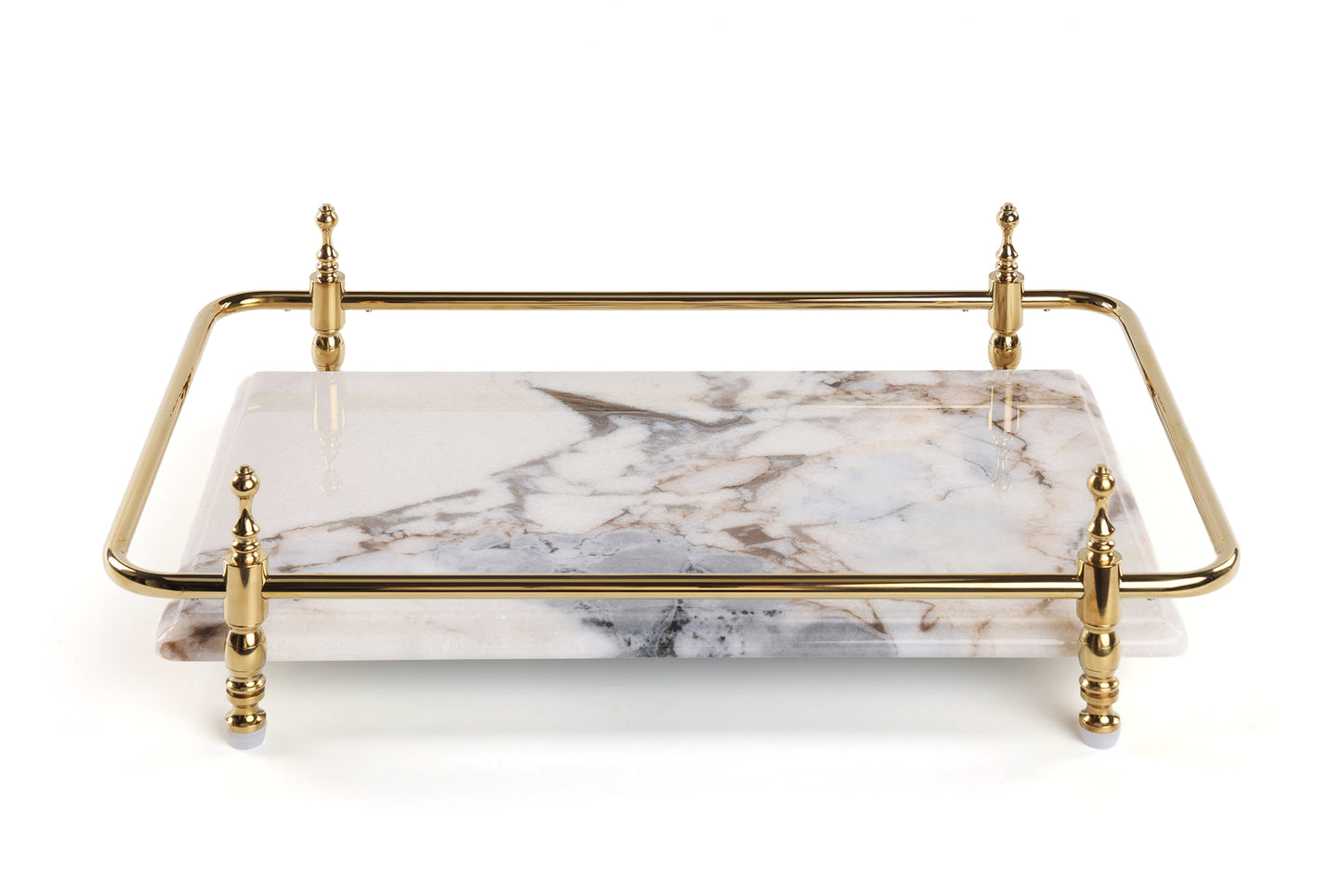 18 inch Rectangle White Marble Serving Tray with Silver Handles
