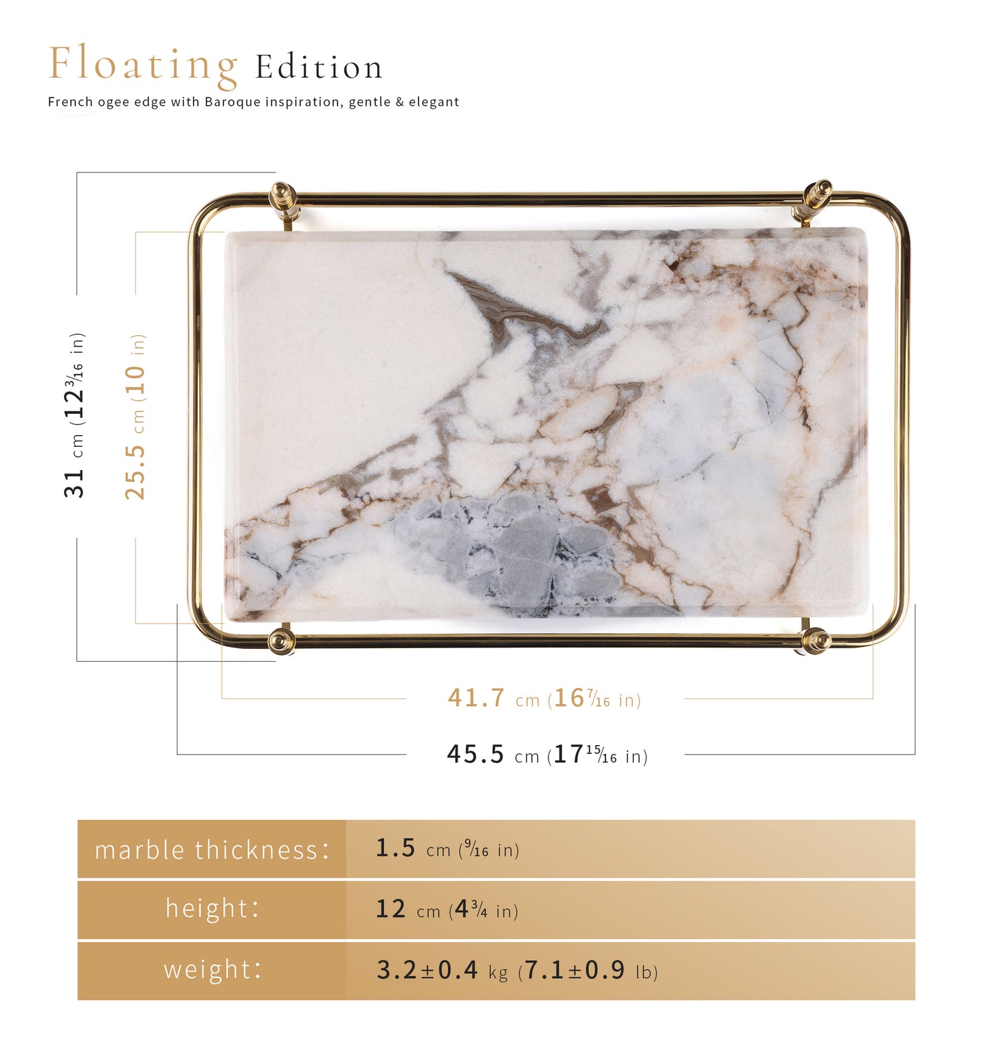 18 inch Rectangle White Marble Serving Tray with Silver Handles