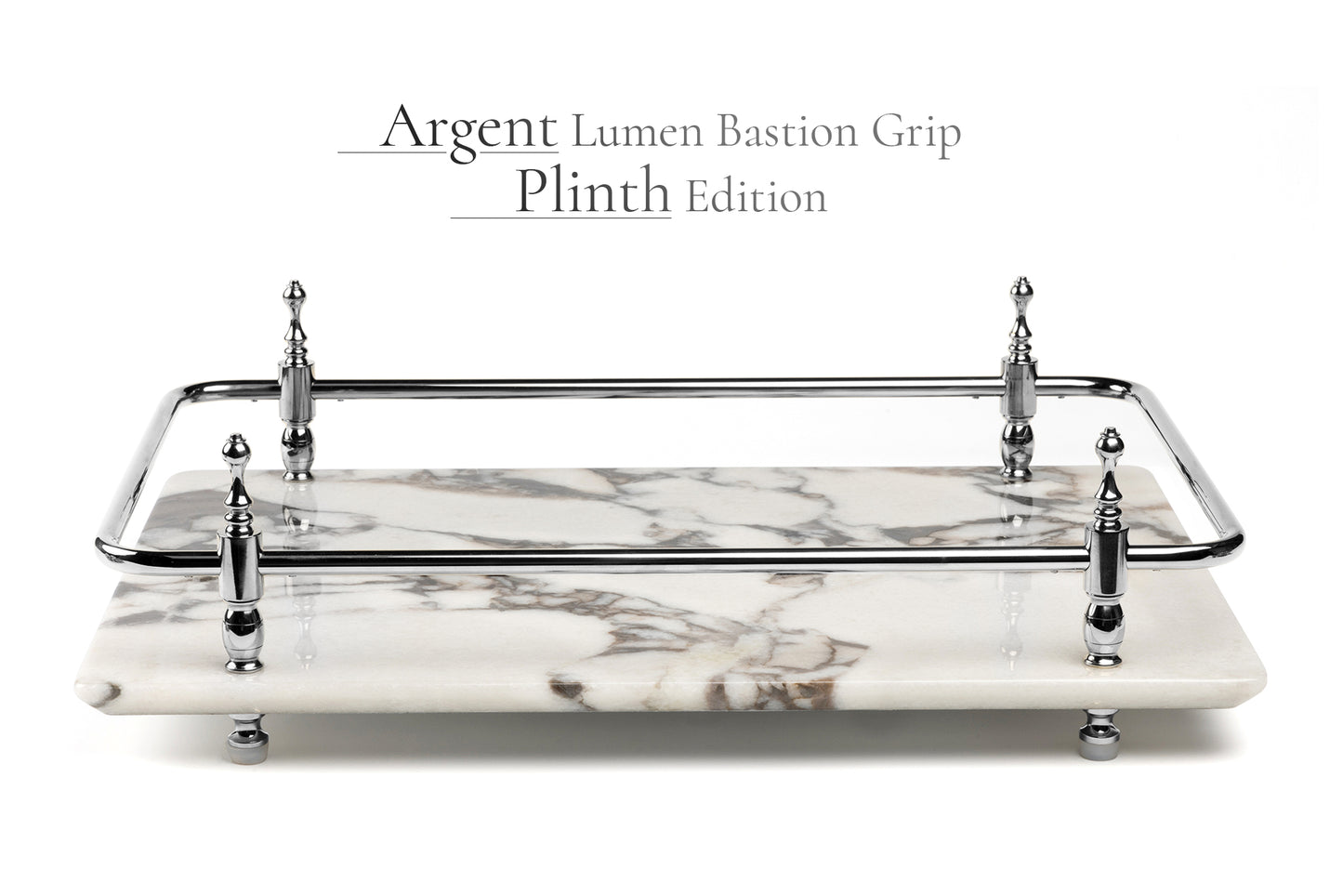 18 inch Rectangle White Marble Serving Tray with Silver Handles