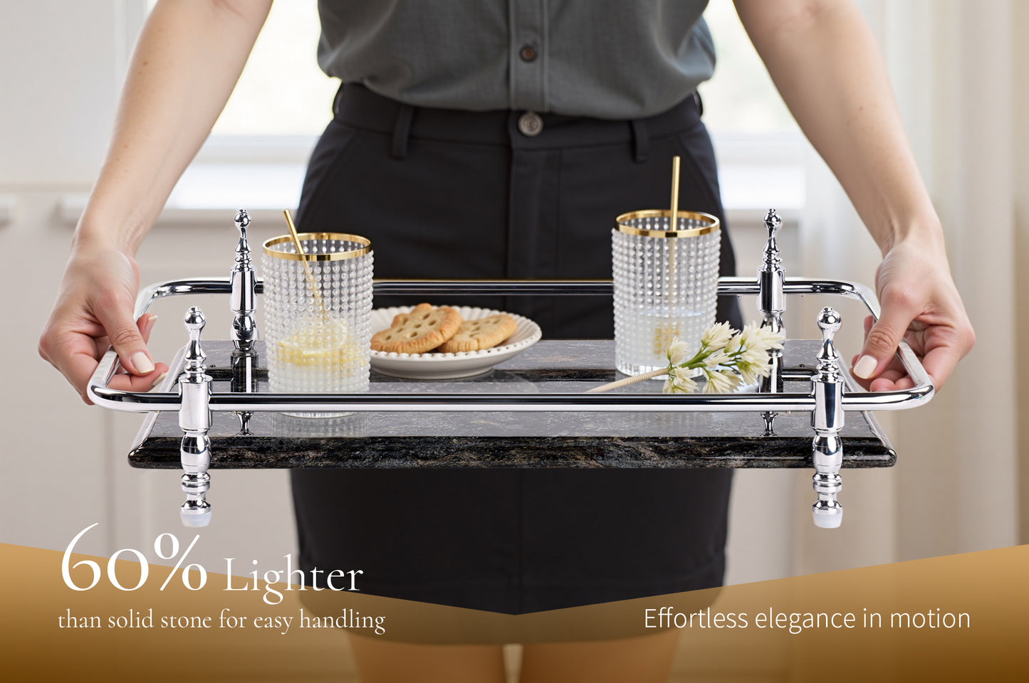 18 inch Rectangle Black Granite Stone Serving Tray with Gold Handles