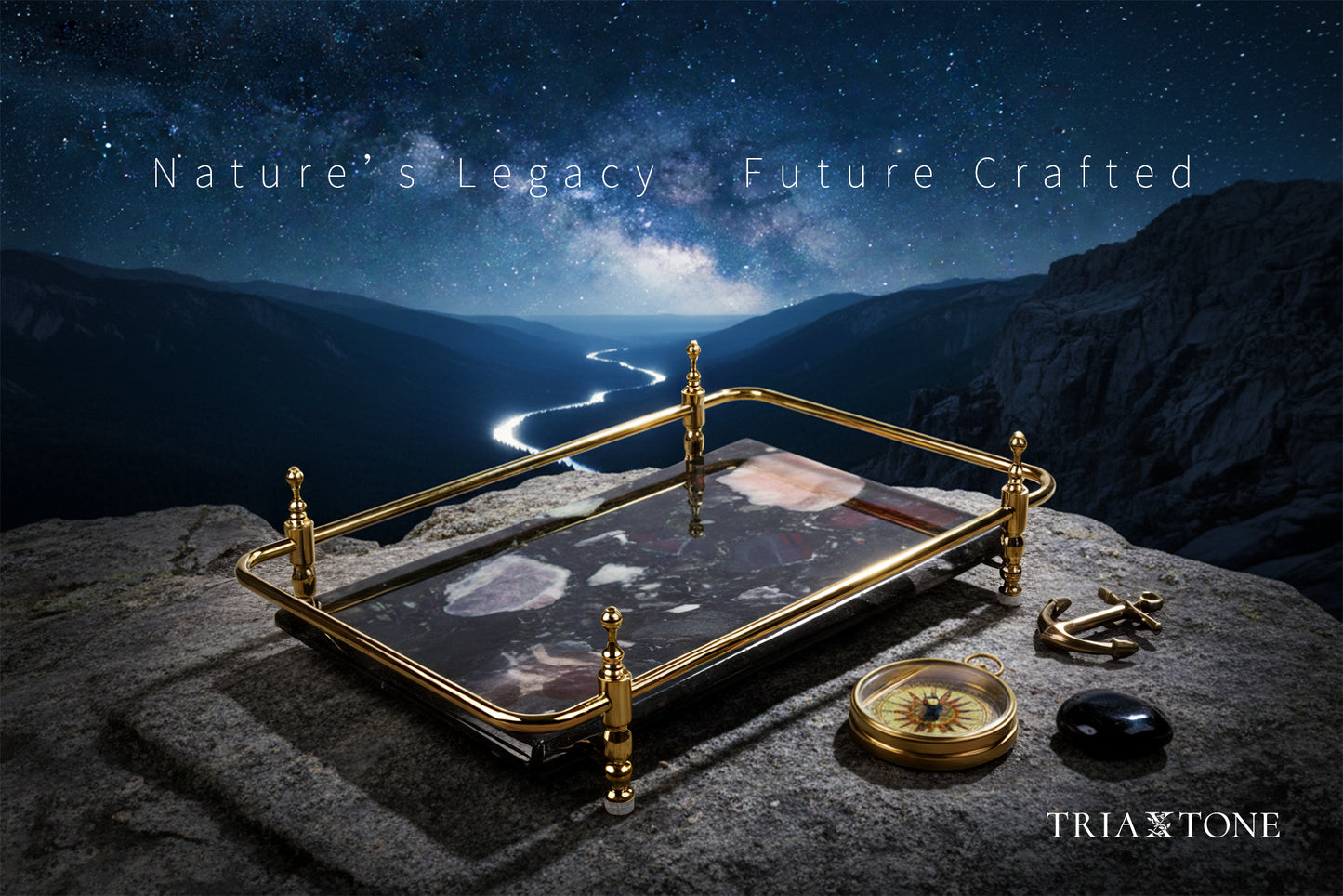 Rectangle Nocturnal Mirage Marble Serving Tray with Brass Handles