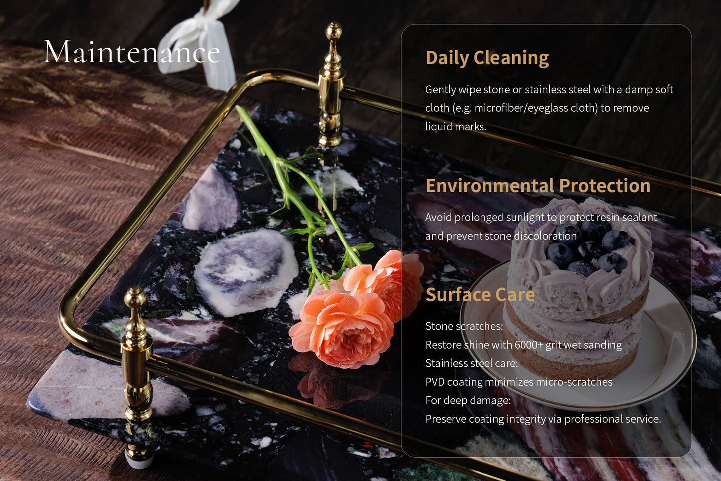 Rectangle Nocturnal Mirage Marble Serving Tray with Brass Handles