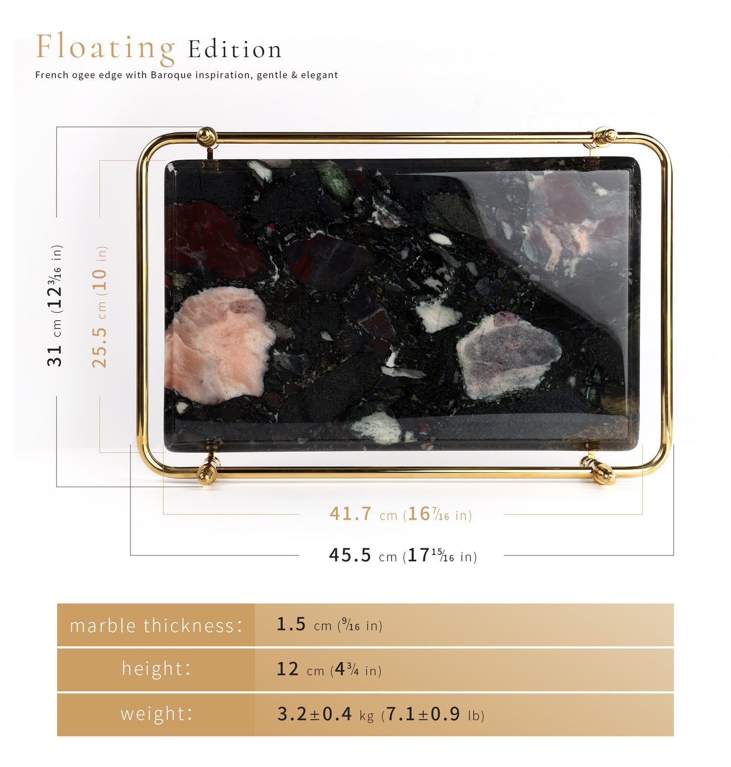 Rectangle Nocturnal Mirage Marble Serving Tray with Brass Handles