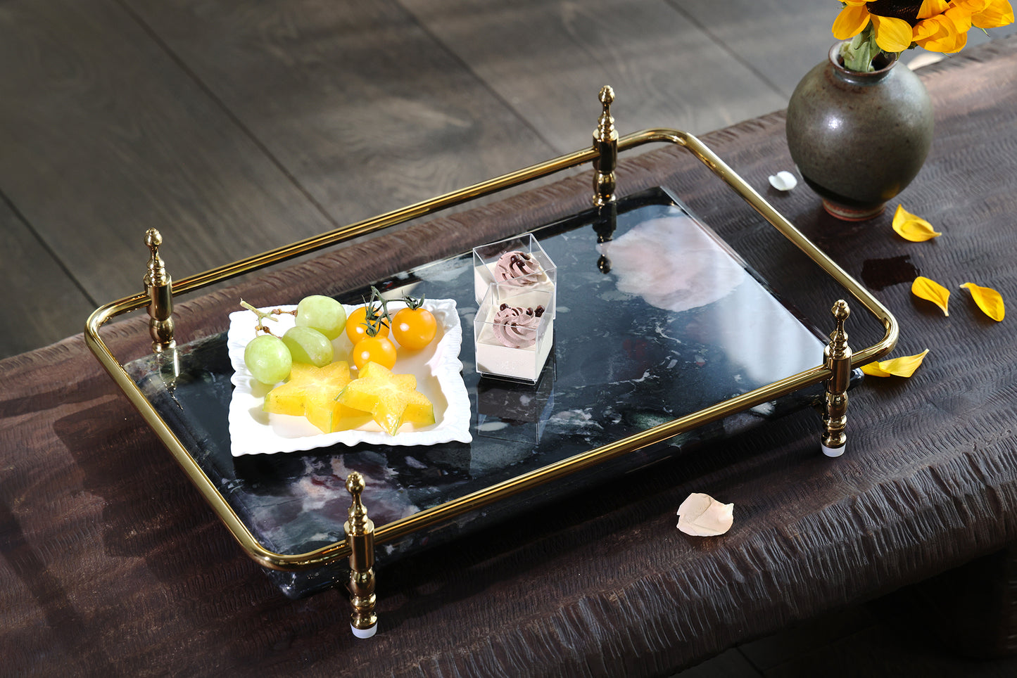 Rectangle Nocturnal Mirage Marble Serving Tray with Brass Handles