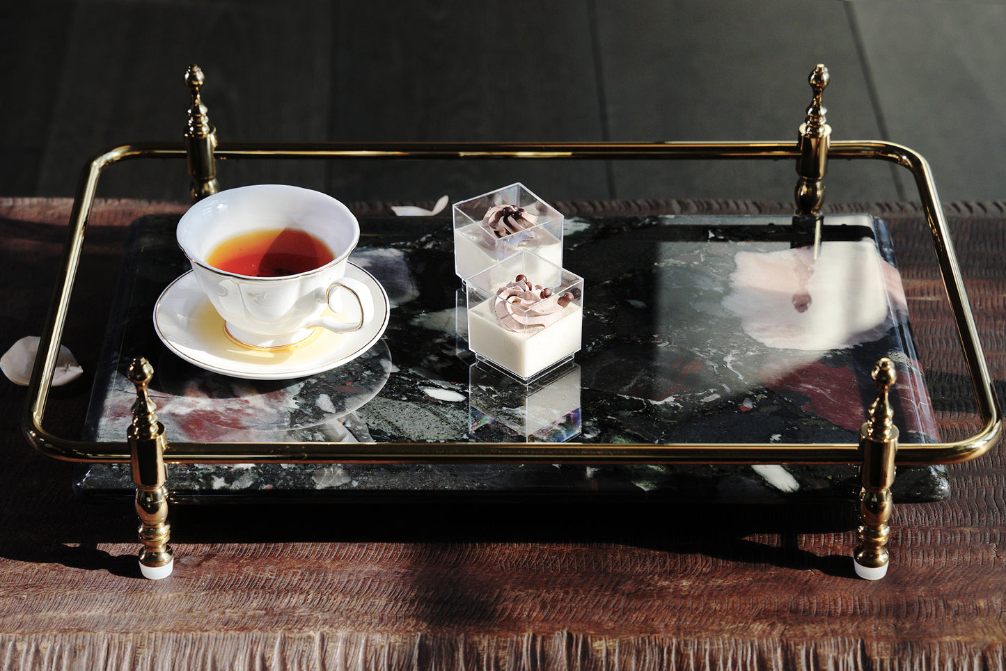 Rectangle Nocturnal Mirage Marble Serving Tray with Brass Handles