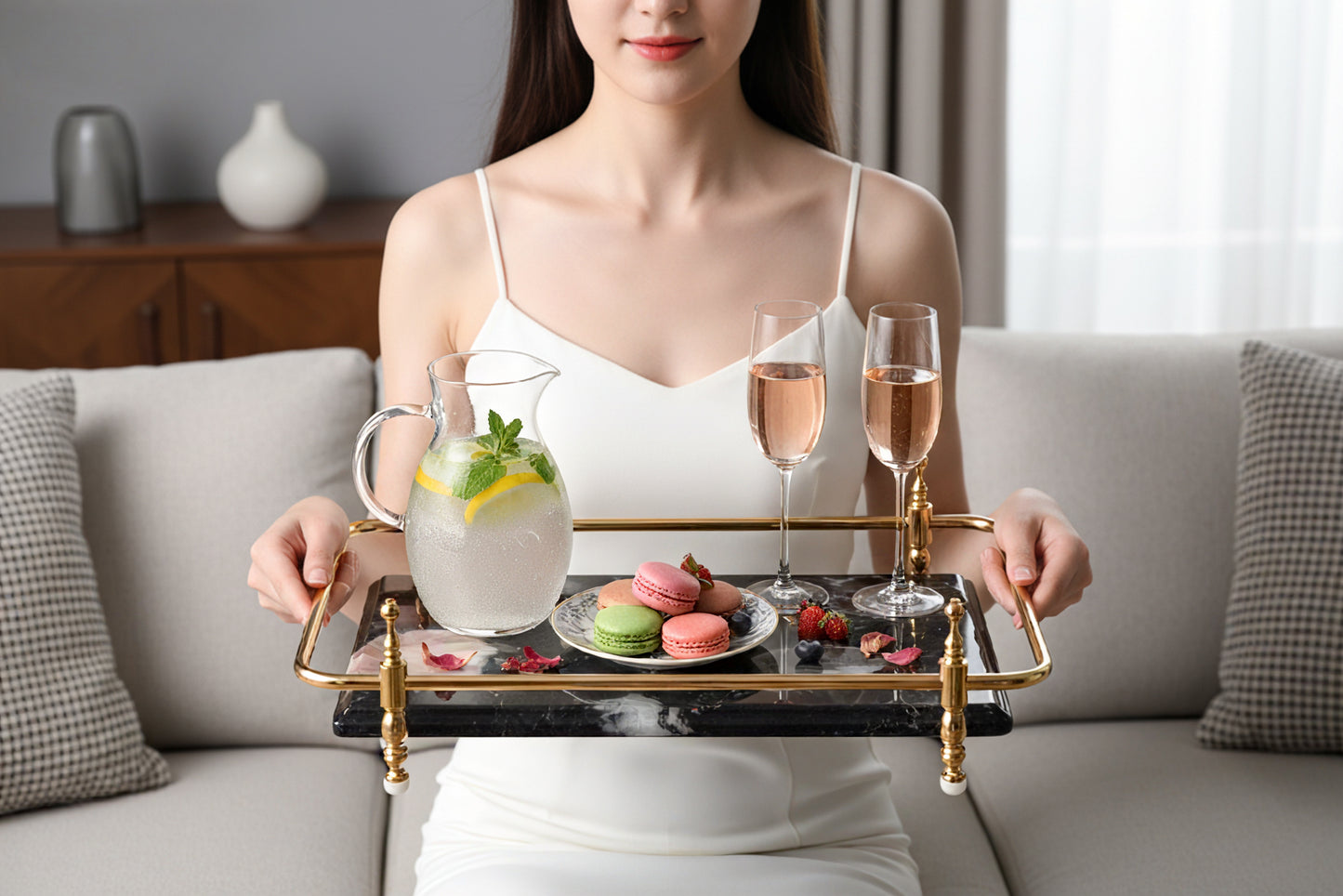 Rectangle Nocturnal Mirage Marble Serving Tray with Brass Handles