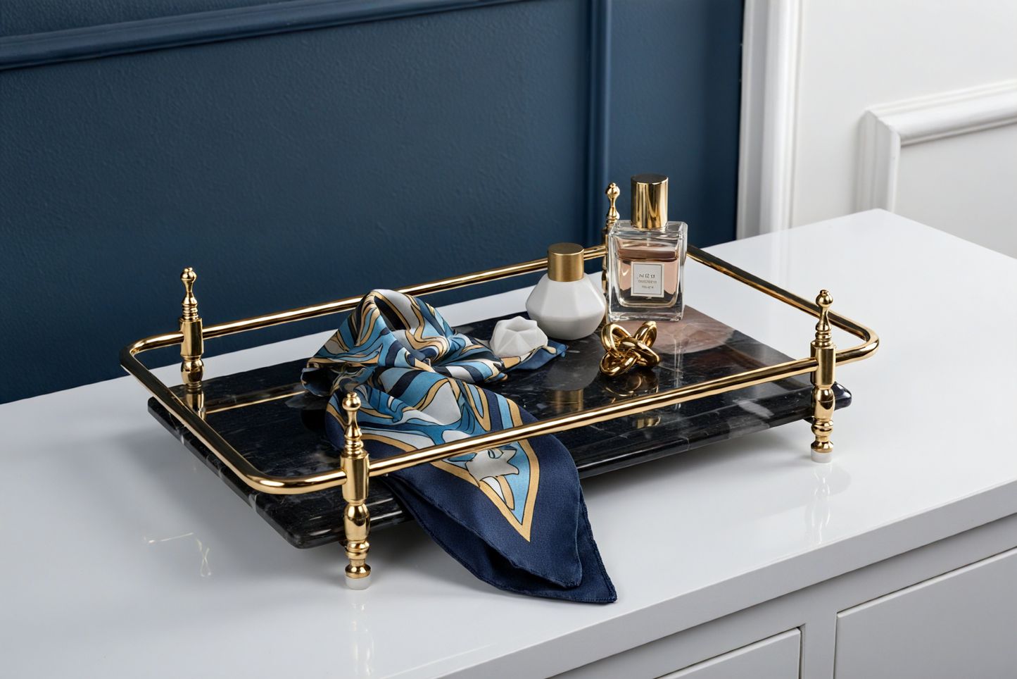Rectangle Nocturnal Mirage Marble Serving Tray with Brass Handles
