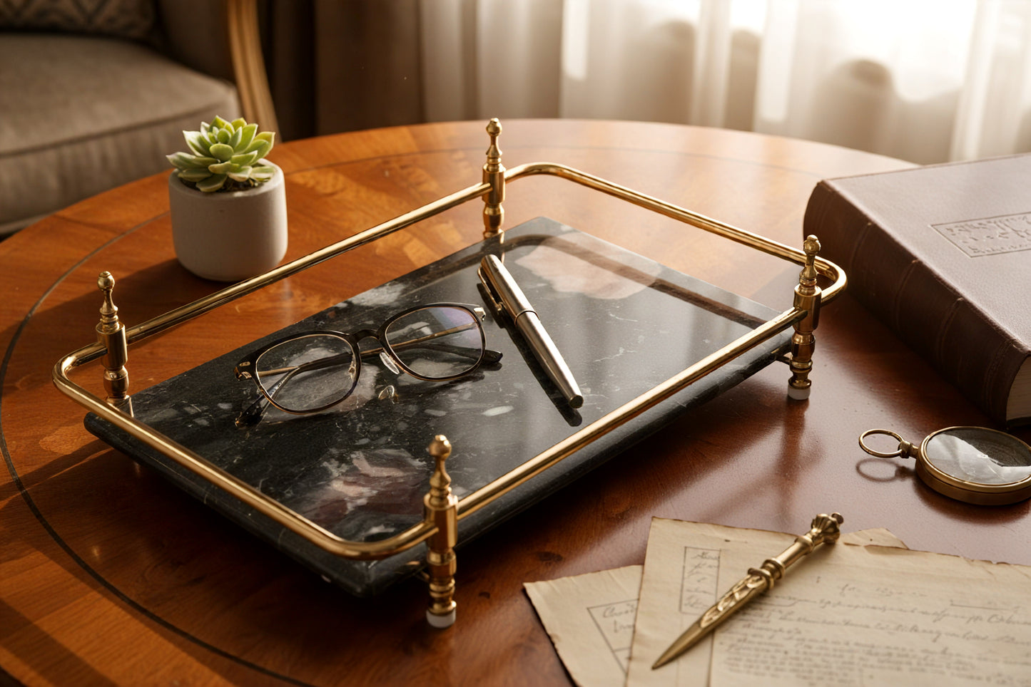 Rectangle Nocturnal Mirage Marble Serving Tray with Brass Handles