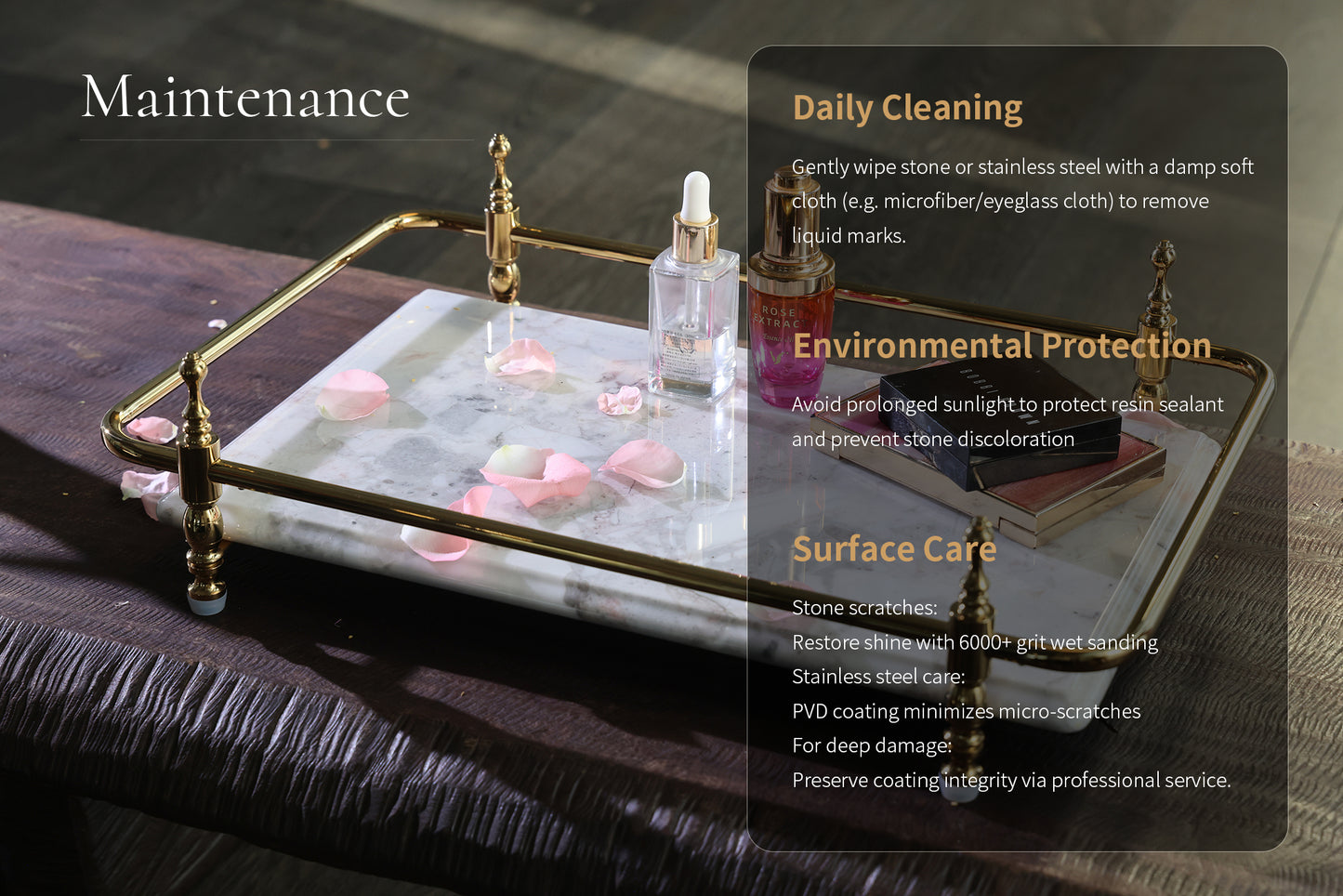 Rectangle Panda Grey Marble Serving Tray with Golden Handles