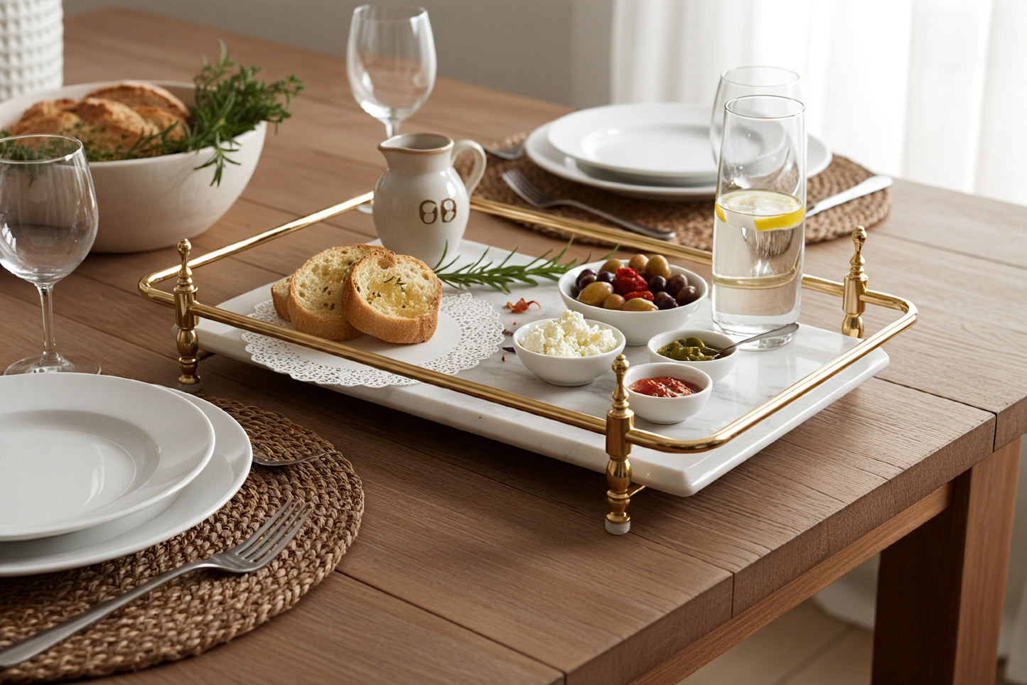 Rectangle Panda Grey Marble Serving Tray with Golden Handles