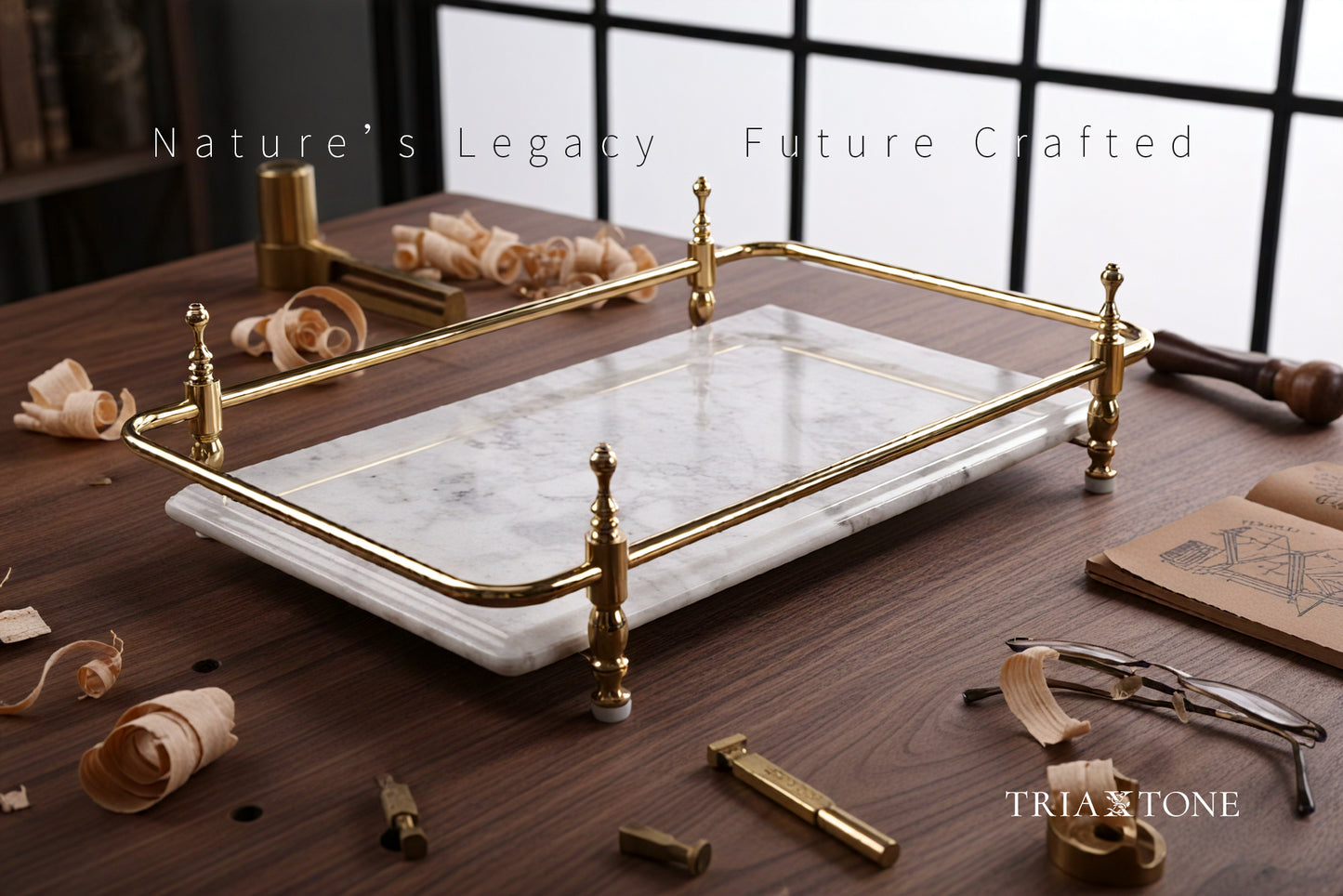 Rectangle Panda Grey Marble Serving Tray with Golden Handles