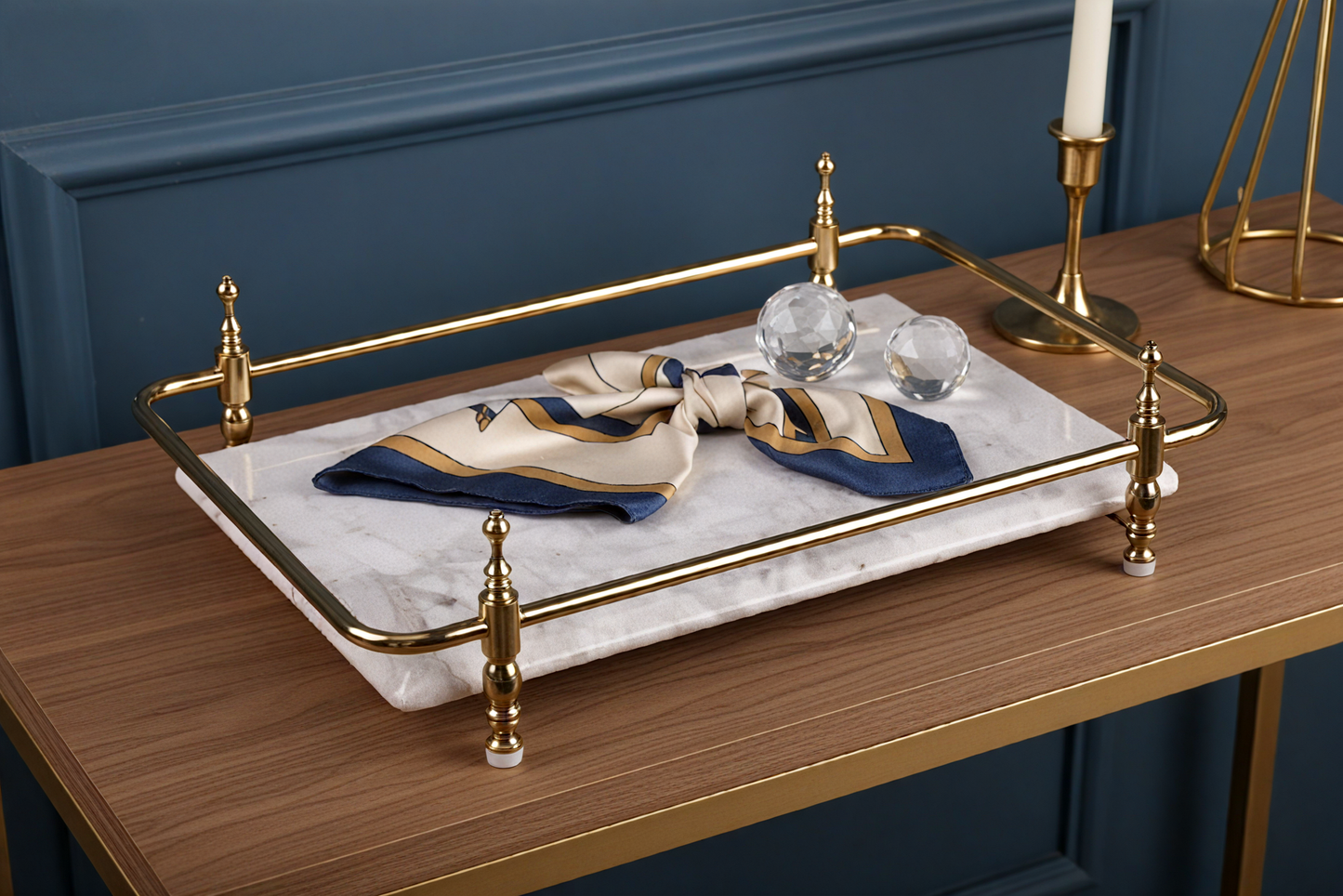 Rectangle Panda Grey Marble Serving Tray with Golden Handles