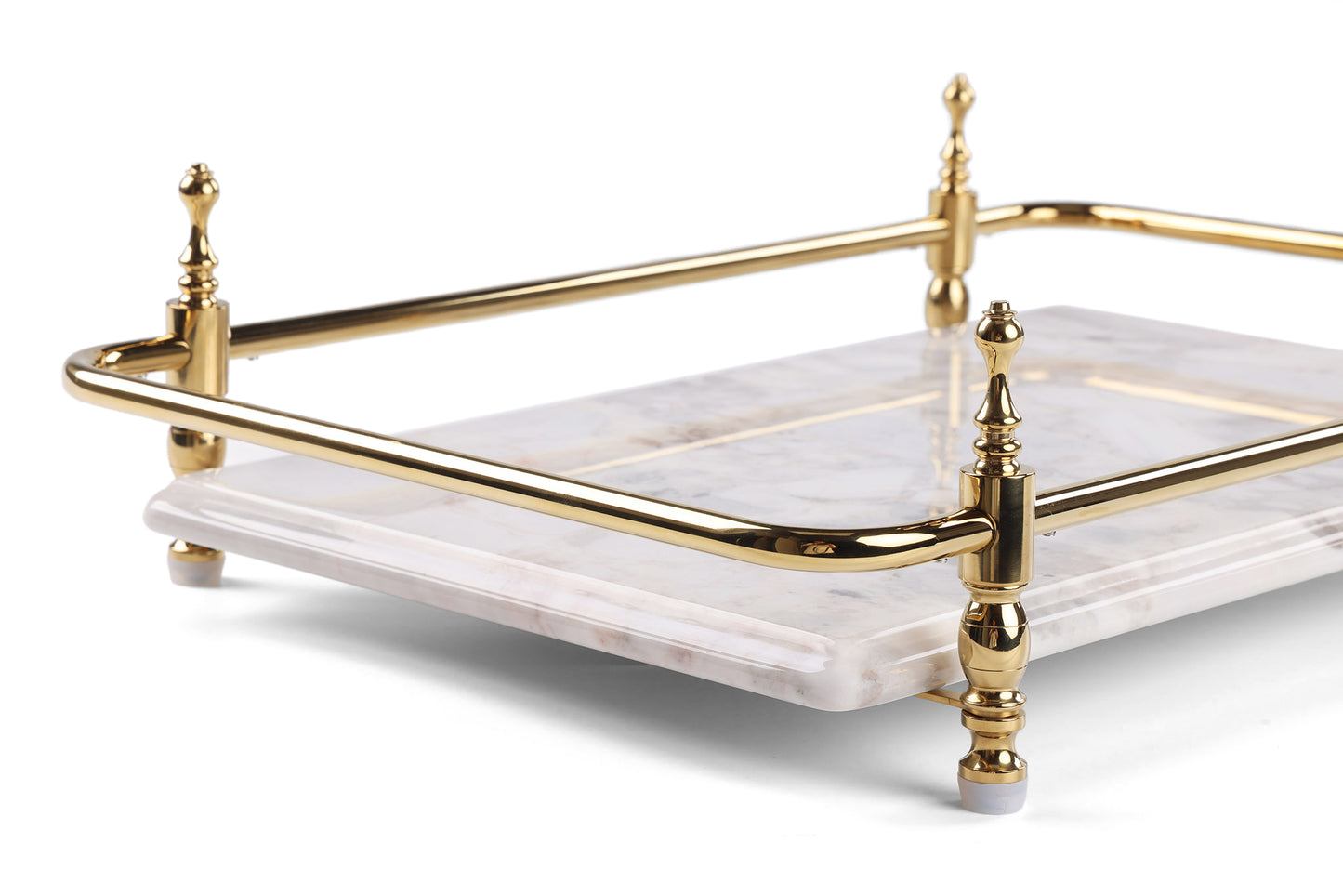 Rectangle Panda Grey Marble Serving Tray with Golden Handles