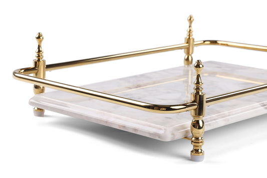 Rectangle Panda Grey Marble Serving Tray with Golden Handles