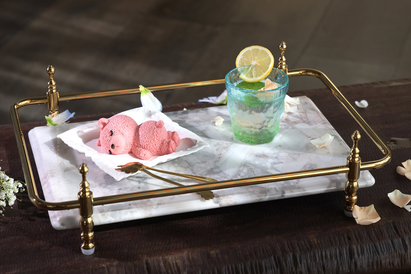 Rectangle Panda Grey Marble Serving Tray with Golden Handles