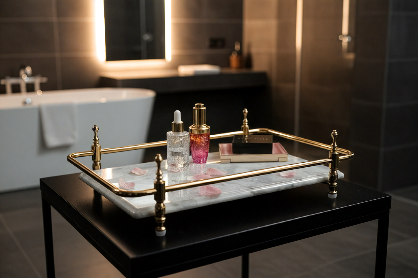 Rectangle Panda Grey Marble Serving Tray with Golden Handles