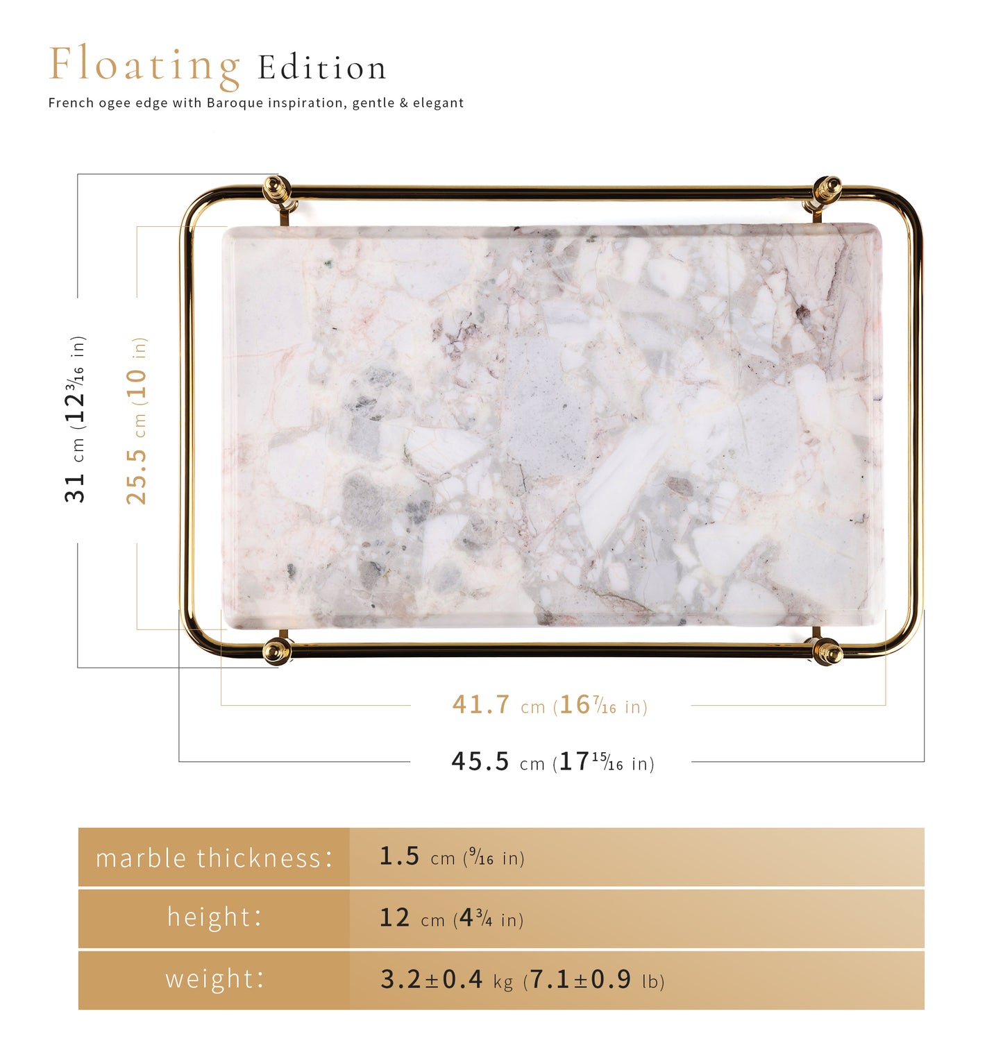 Rectangle Panda Grey Marble Serving Tray with Golden Handles