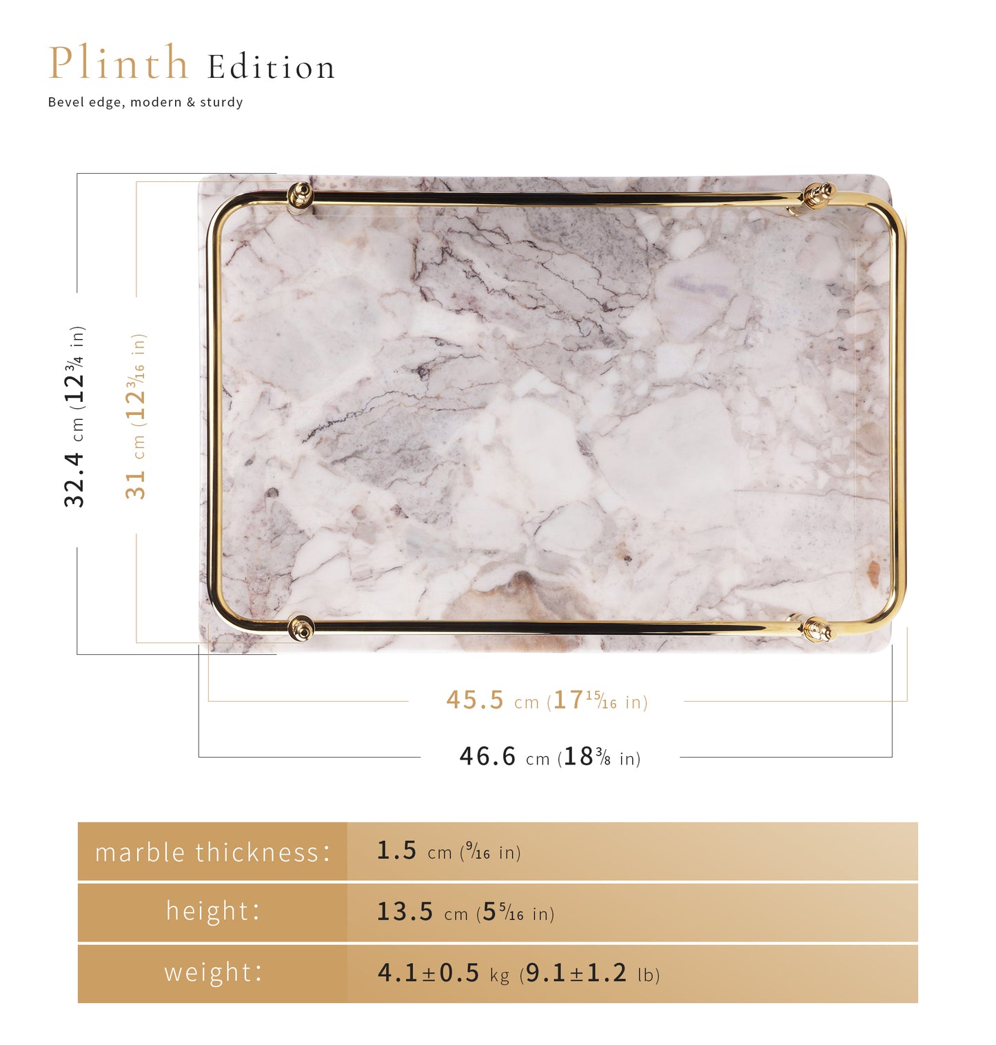 Rectangle Panda Grey Marble Serving Tray with Golden Handles