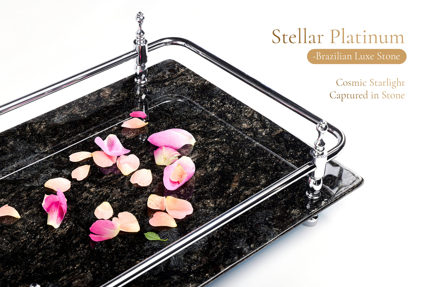 18 inch Rectangle Black Granite Stone Serving Tray with Gold Handles