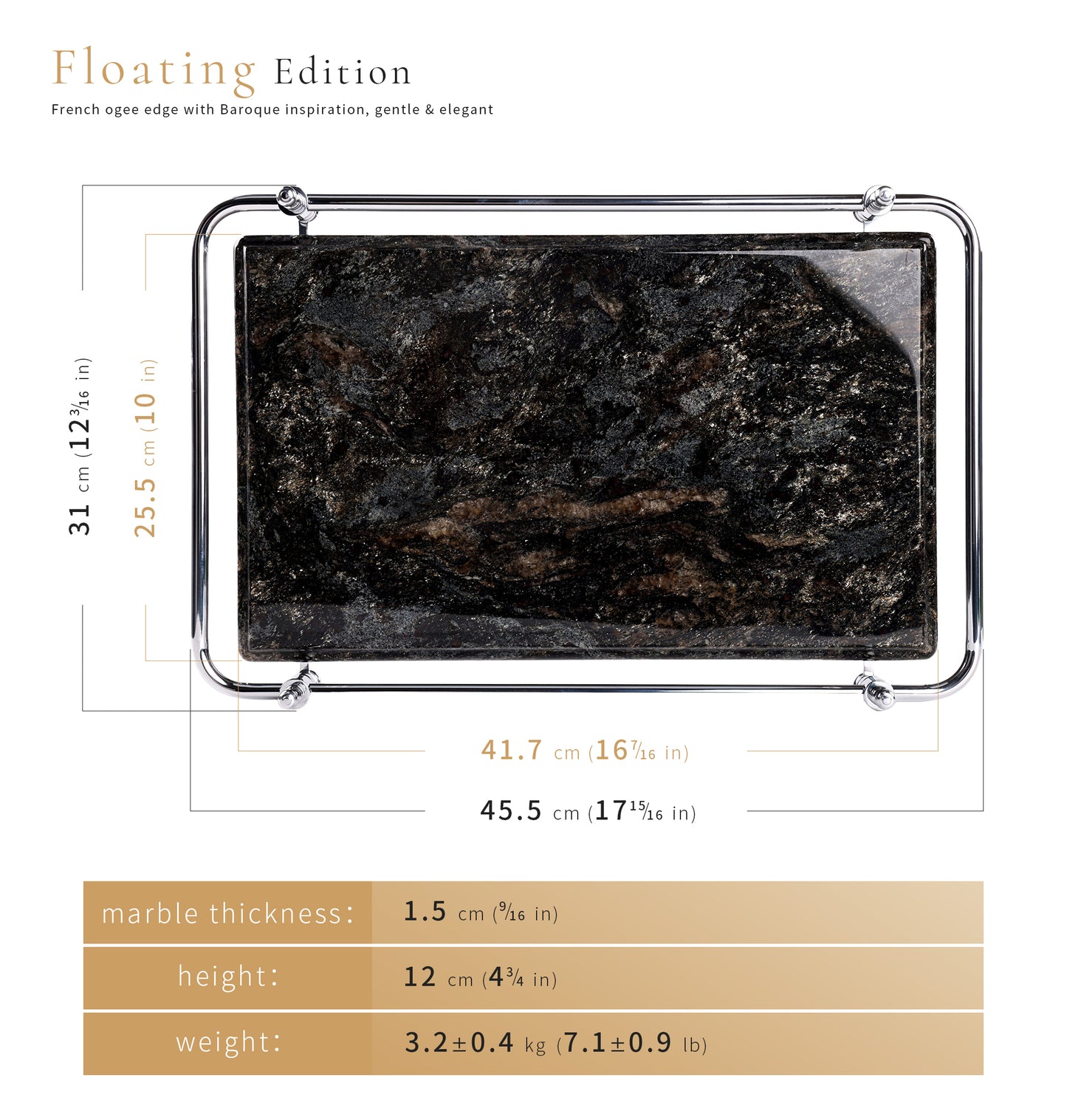 18 inch Rectangle Black Granite Stone Serving Tray with Gold Handles