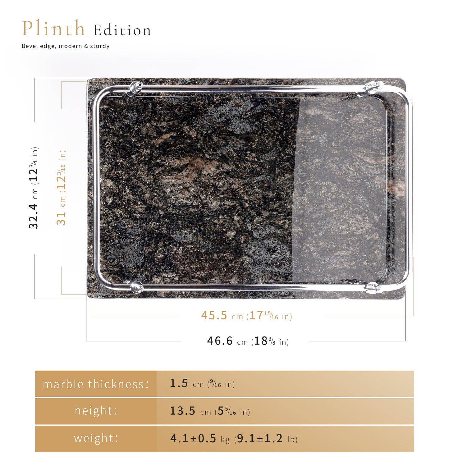 18 inch Rectangle Black Granite Stone Serving Tray with Gold Handles