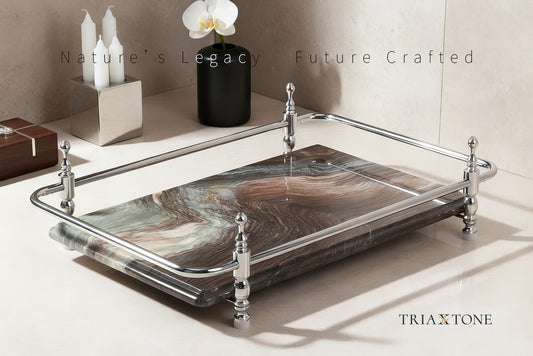 18 inch Rectangle Viola Paesaggio Marble Serving Tray with Gold Handles