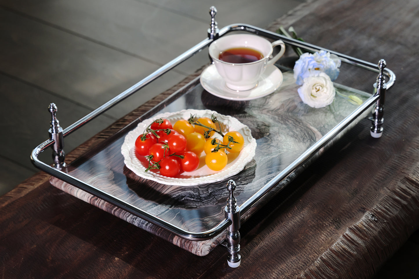18 inch Rectangle Viola Paesaggio Marble Serving Tray with Gold Handles