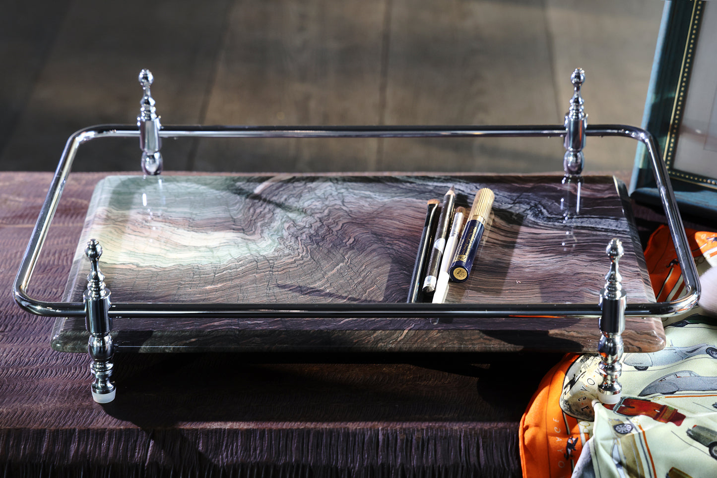 18 inch Rectangle Viola Paesaggio Marble Serving Tray with Gold Handles