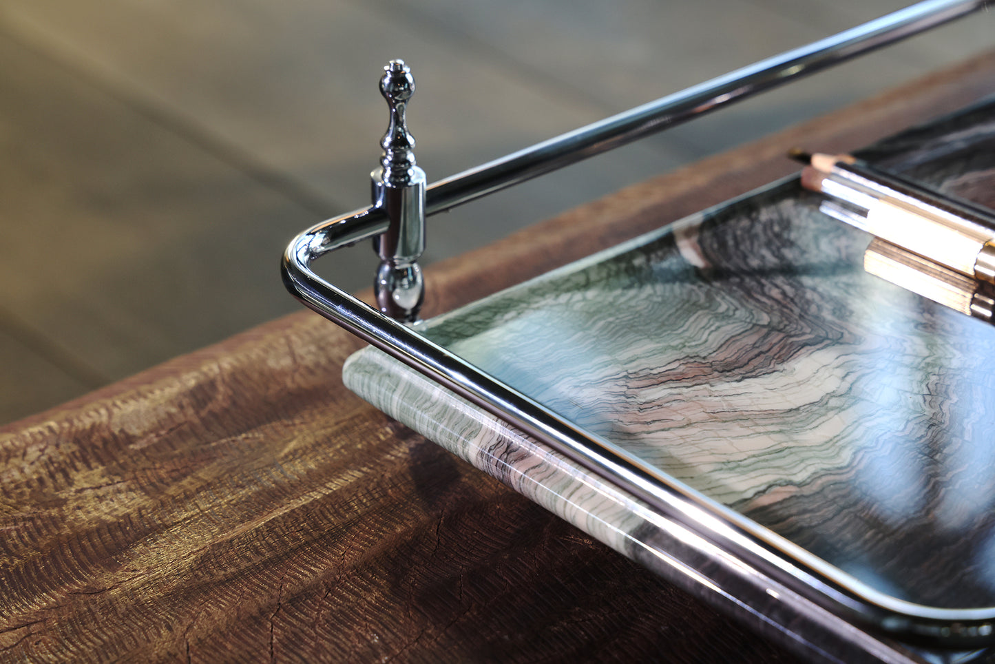 18 inch Rectangle Viola Paesaggio Marble Serving Tray with Gold Handles