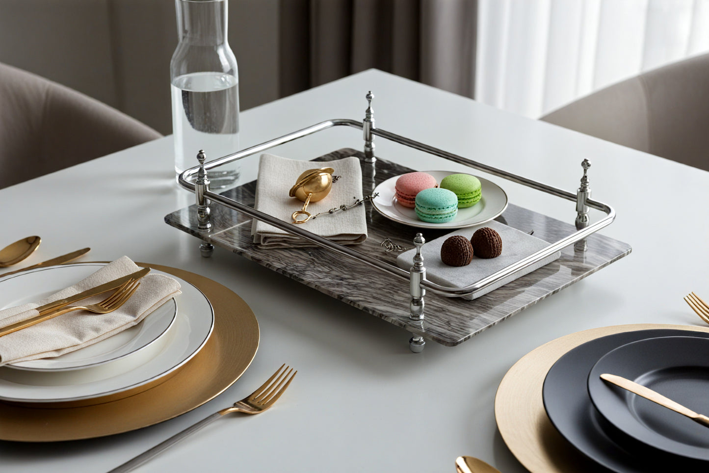 18 inch Rectangle Viola Paesaggio Marble Serving Tray with Gold Handles