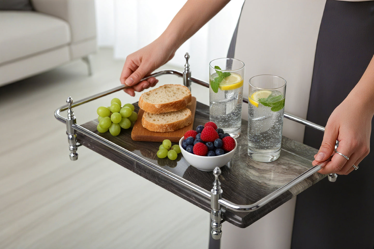 18 inch Rectangle Viola Paesaggio Marble Serving Tray with Gold Handles