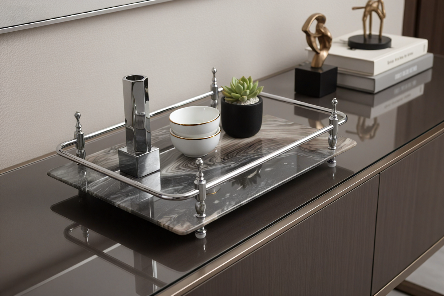 18 inch Rectangle Viola Paesaggio Marble Serving Tray with Gold Handles