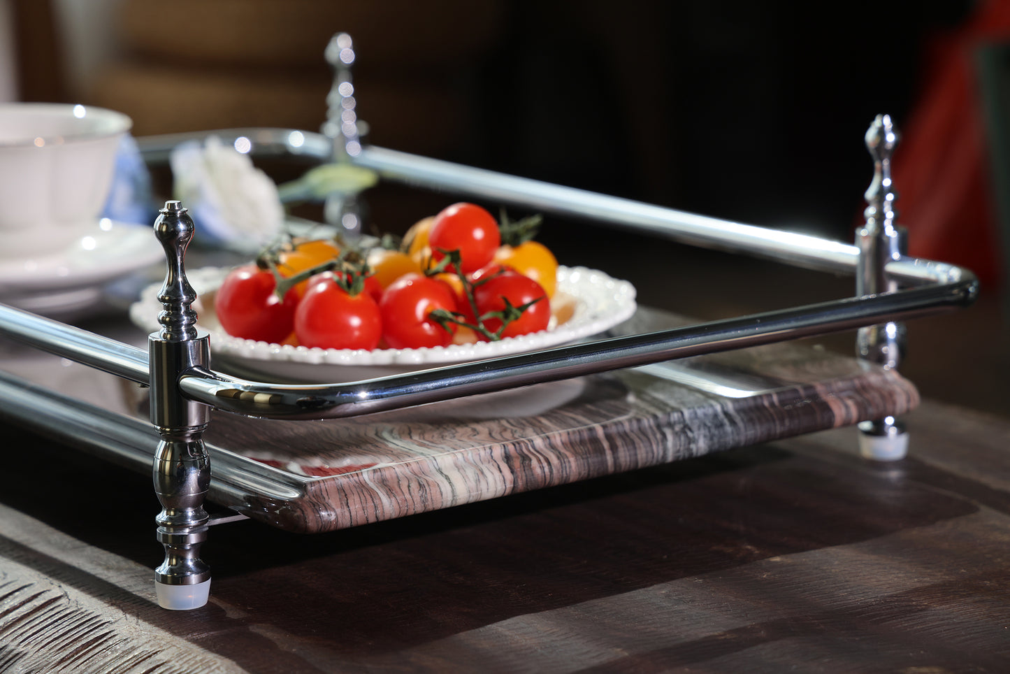 18 inch Rectangle Viola Paesaggio Marble Serving Tray with Gold Handles