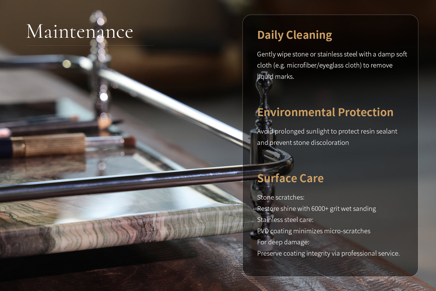 18 inch Rectangle Viola Paesaggio Marble Serving Tray with Gold Handles