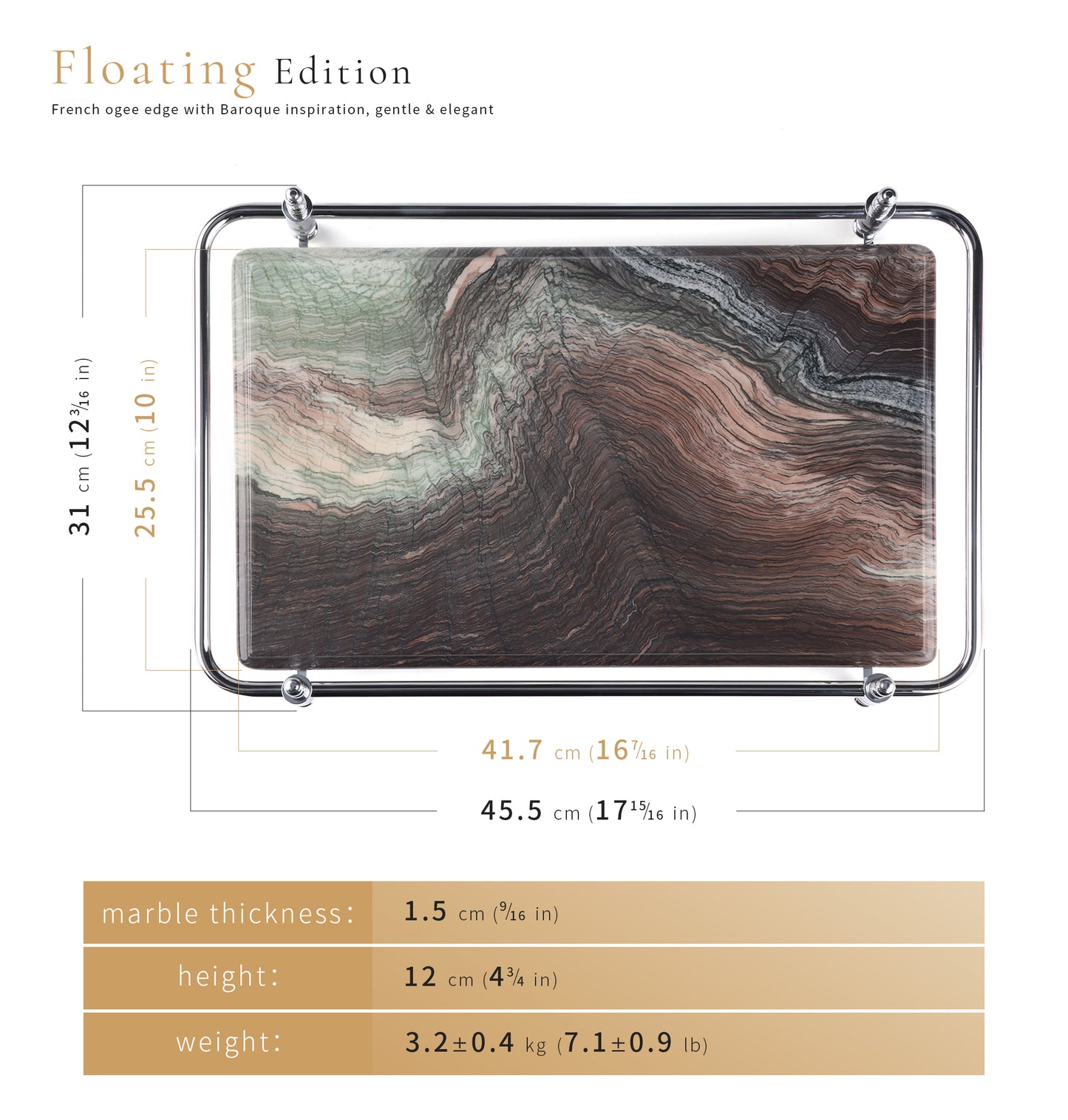 18 inch Rectangle Viola Paesaggio Marble Serving Tray with Gold Handles