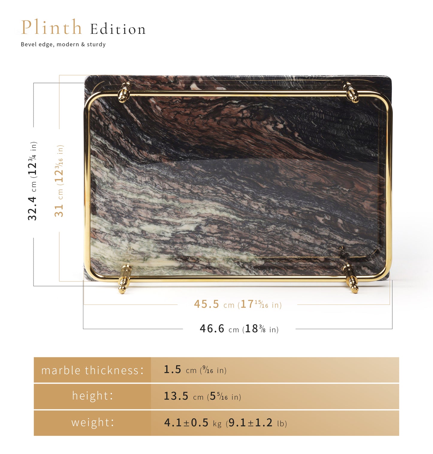 18 inch Rectangle Viola Paesaggio Marble Serving Tray with Gold Handles