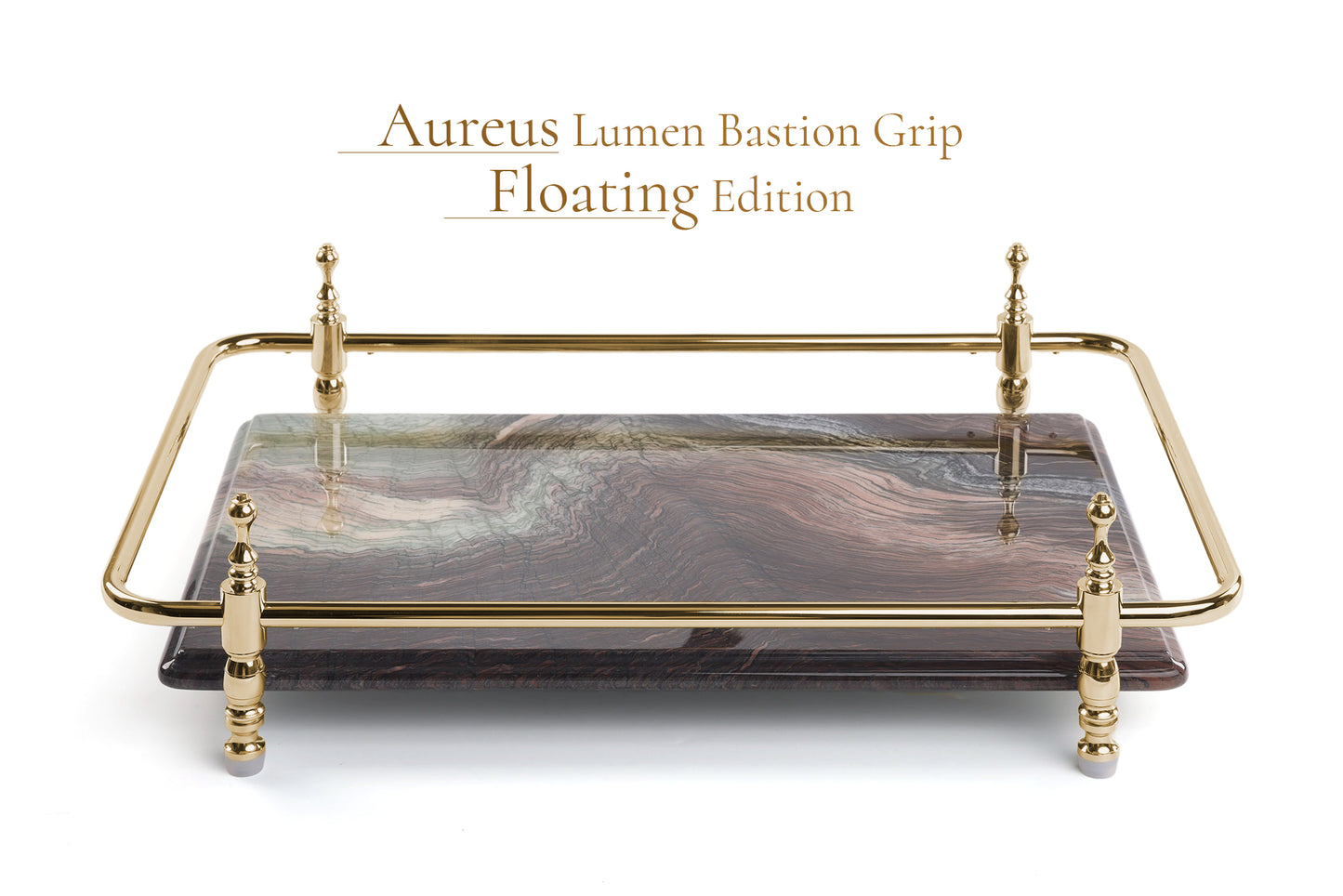 18 inch Rectangle Viola Paesaggio Marble Serving Tray with Gold Handles