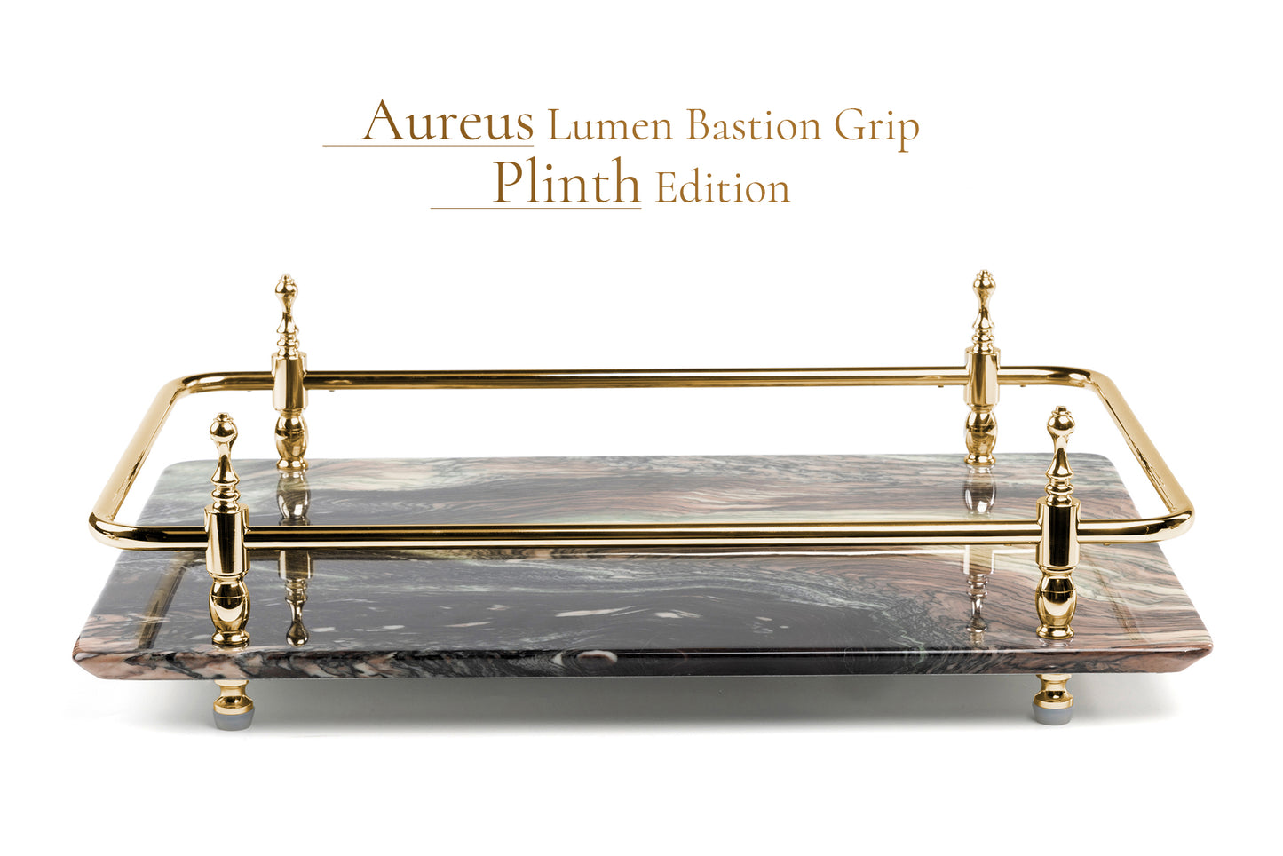 18 inch Rectangle Viola Paesaggio Marble Serving Tray with Gold Handles