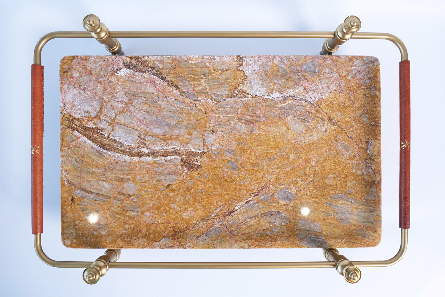 Natural Marble Stone Service Tray With Gold Brass Handle