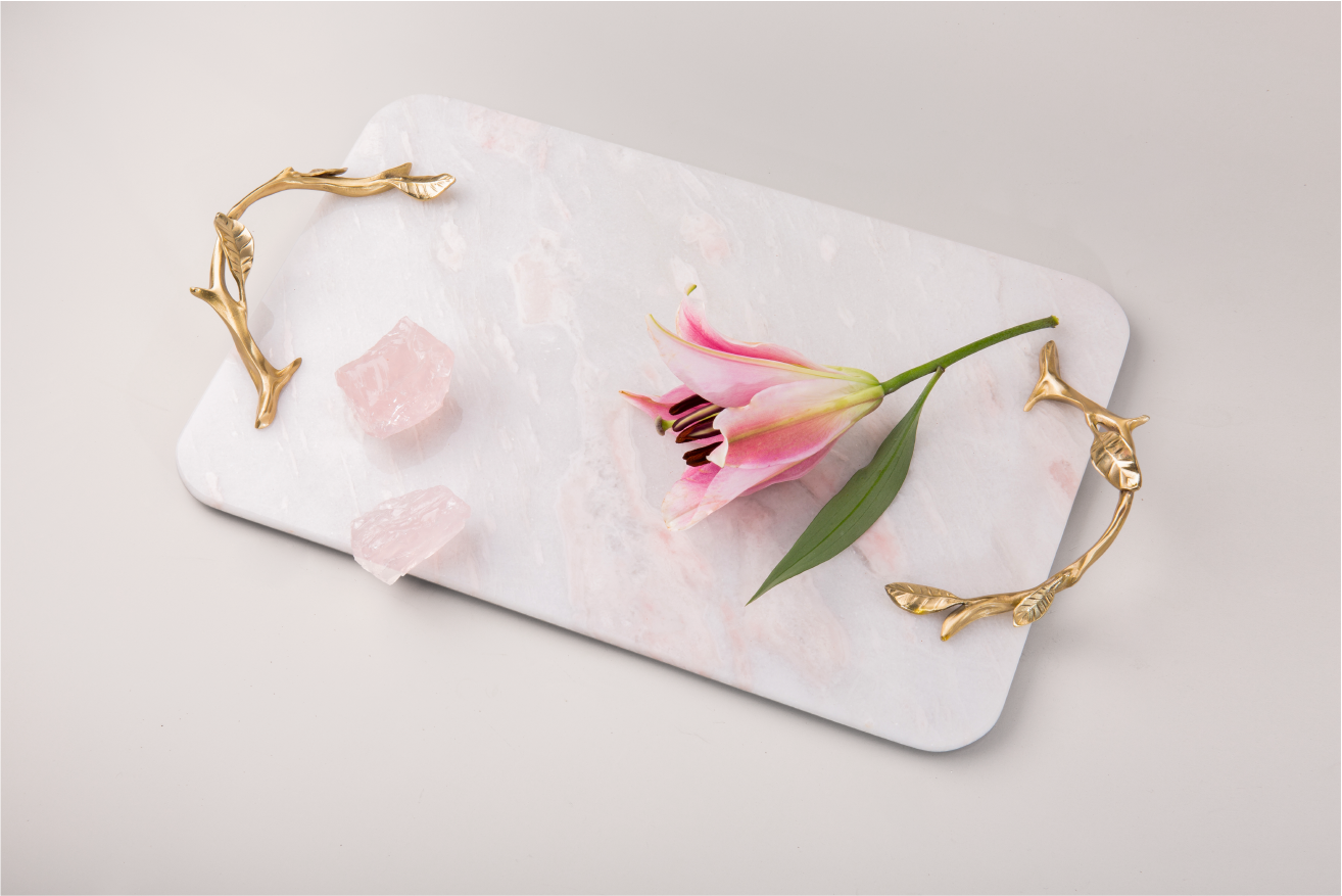 Pink Marble Service Tray with Gold Brass Handles