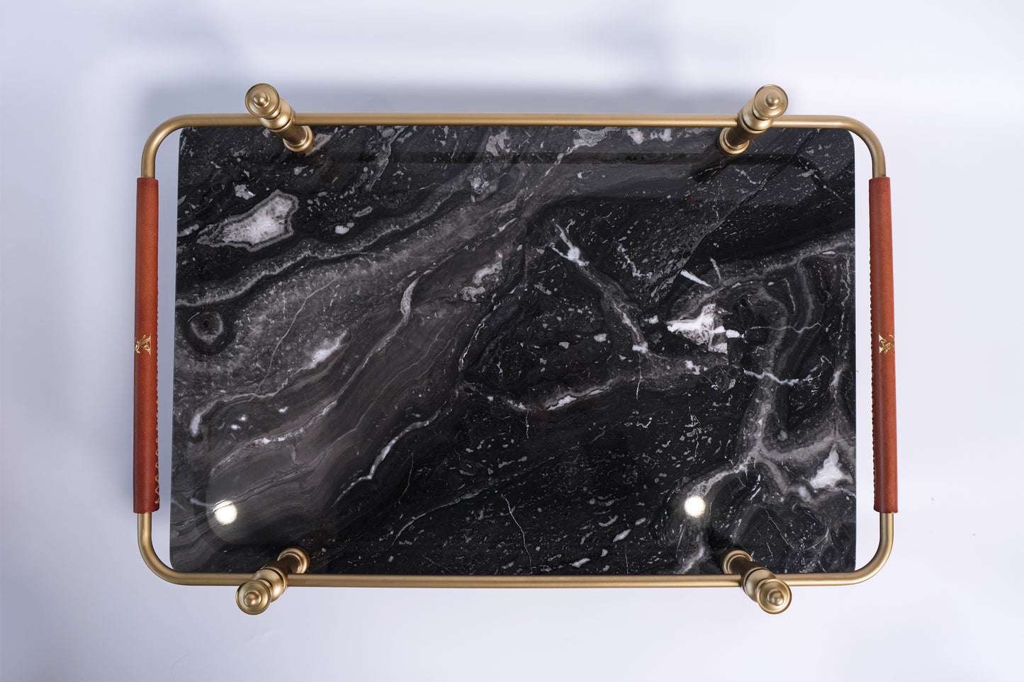 BLACK NATURAL MARBLE SERVING TRAY WITH GOLD BRASS HANDLES