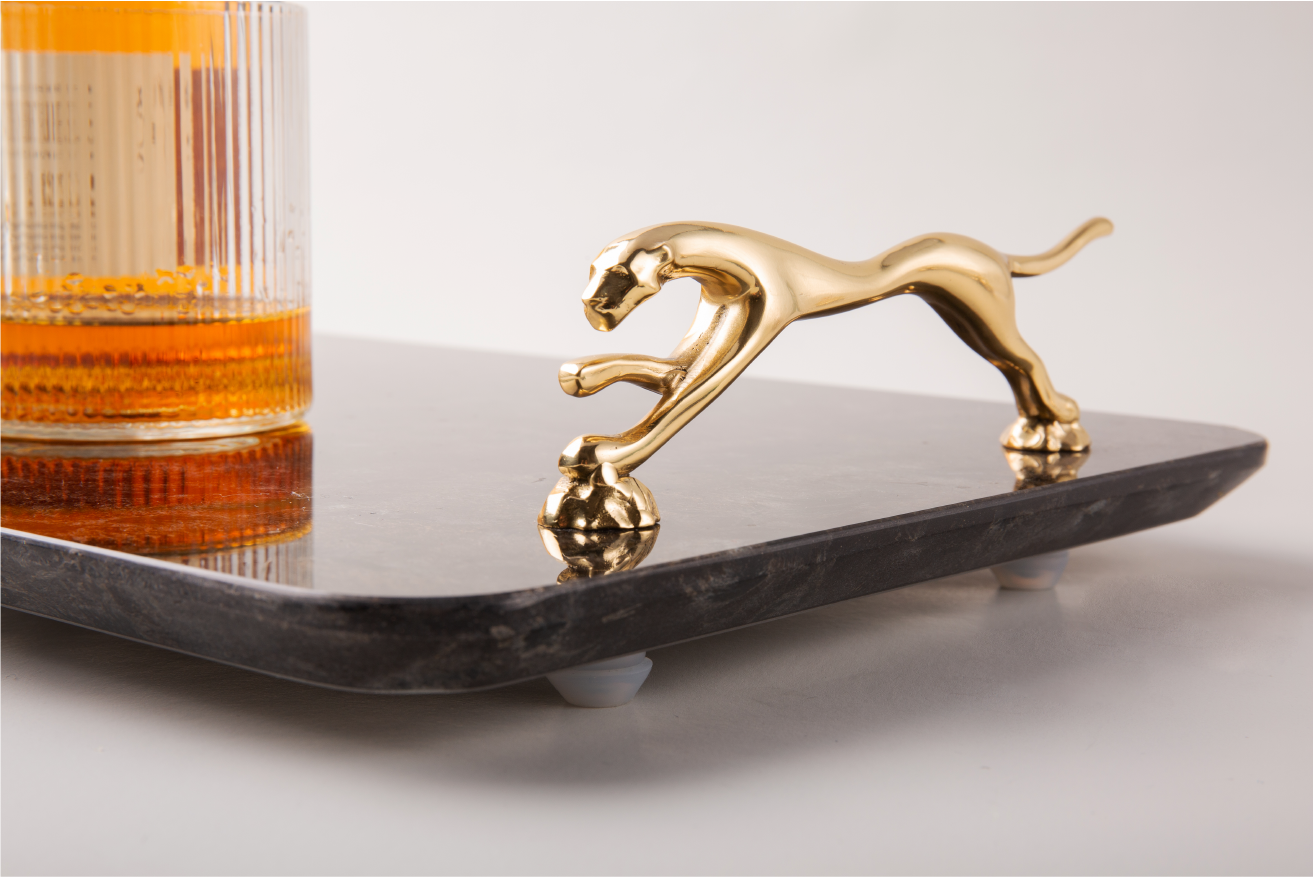 Black Marble Service Tray with Gold Brass Handles
