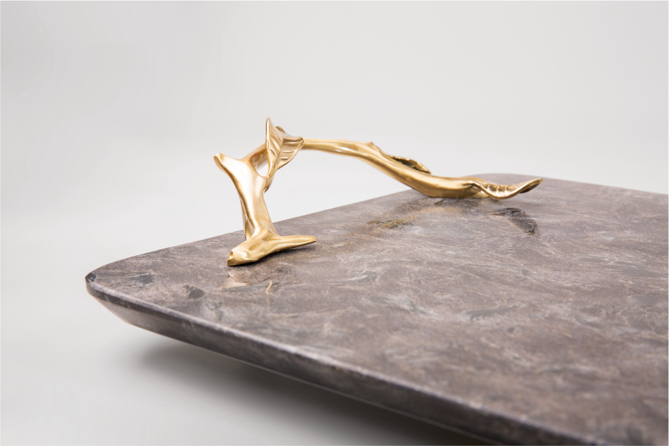Shiny Marble Service Tray with Gold Brass Handles