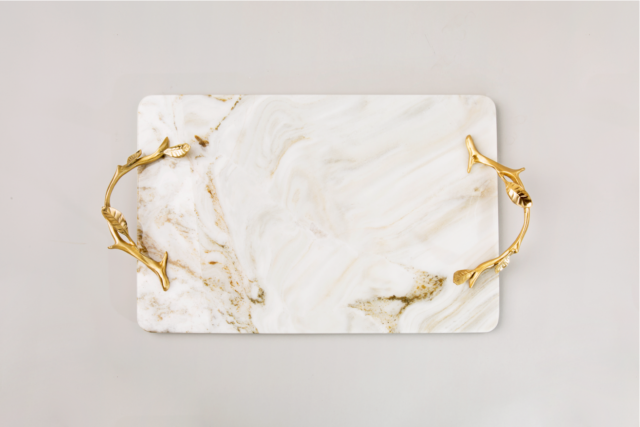 White Marble Service Tray with Gold Brass Handles