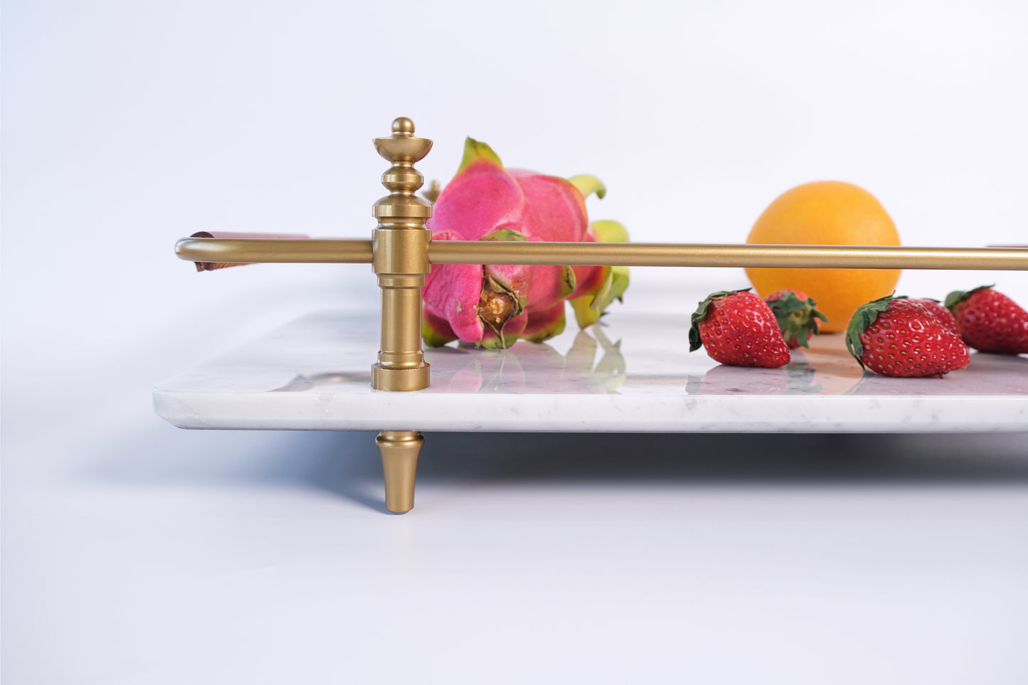 White Natural Marble Serving Tray With Gold Brass Handles