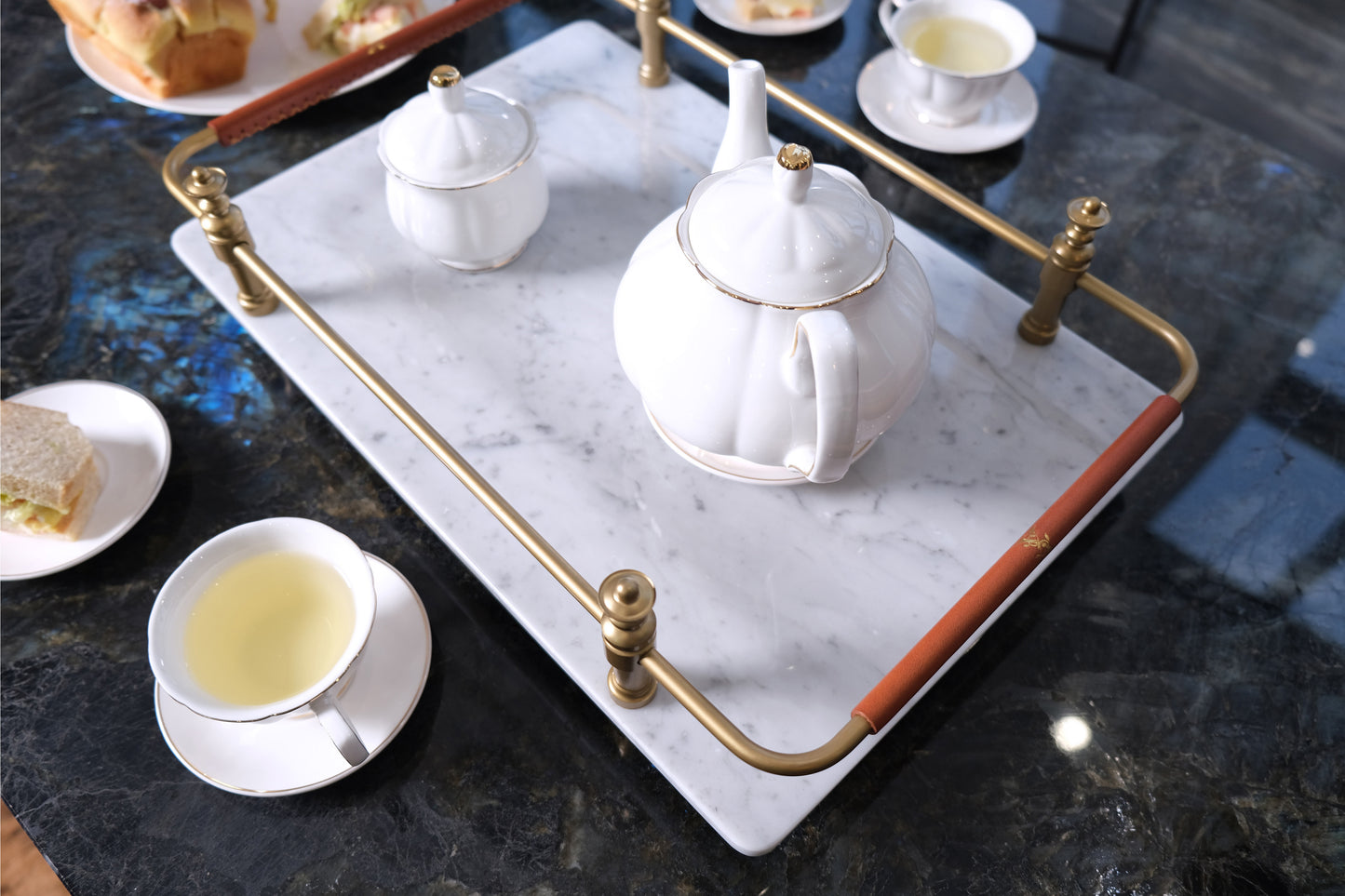 White Natural Marble Serving Tray With Gold Brass Handles